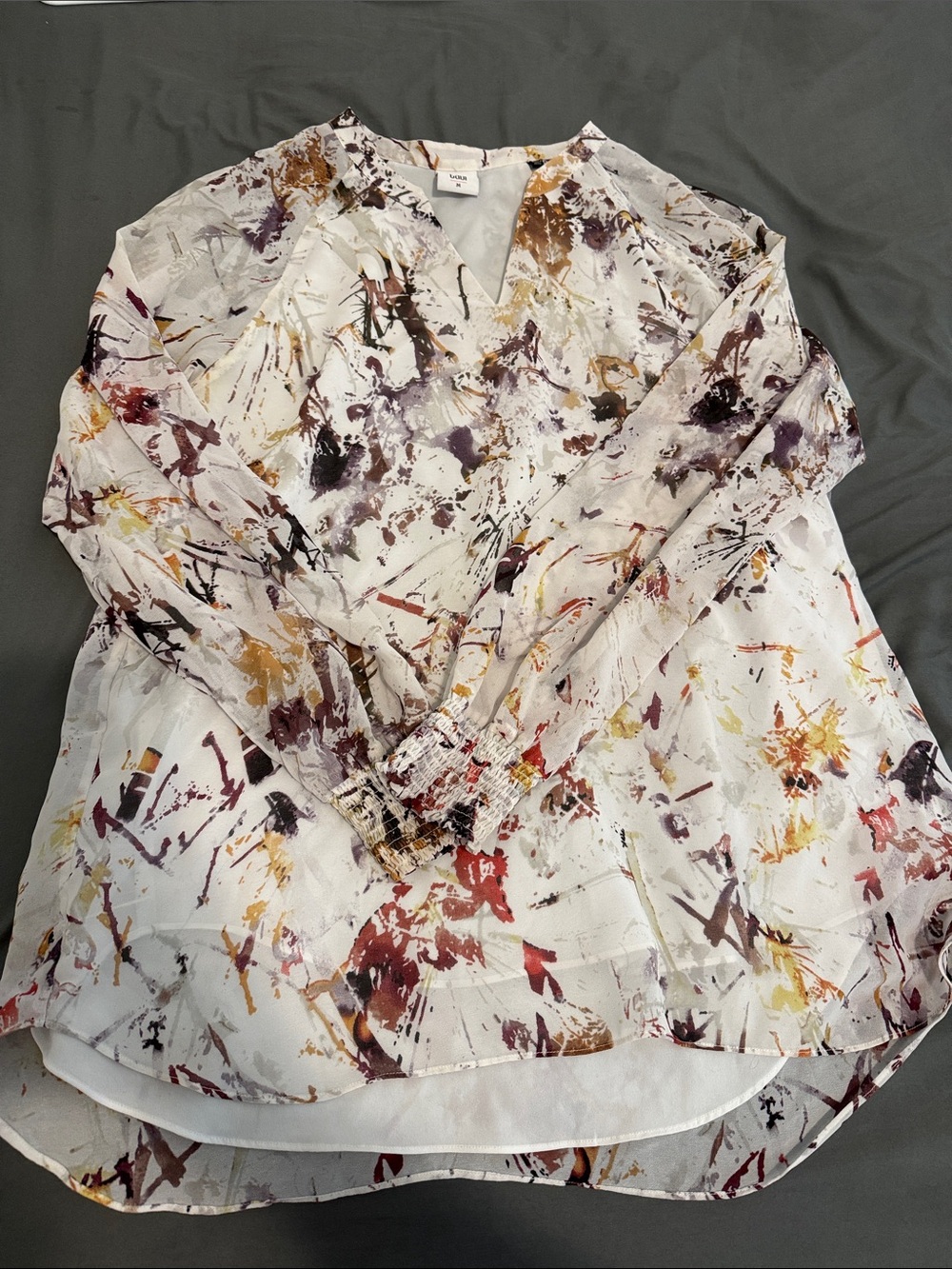 CAbi White Abstract Splatter V-Neck Blouse